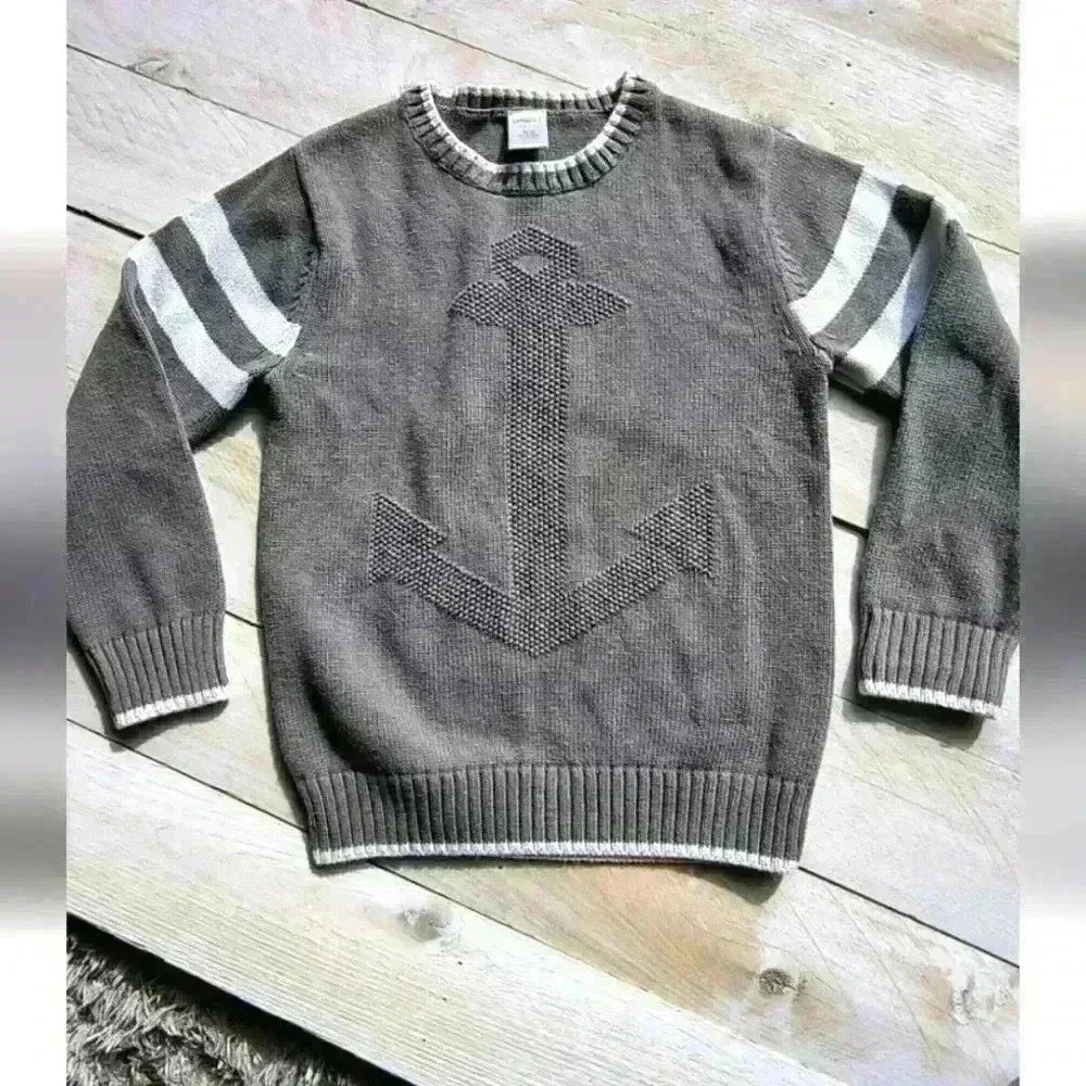 Gymboree Boys Gray White Anchor Knit Long Sleeve Pullover Sweater Small 5/6